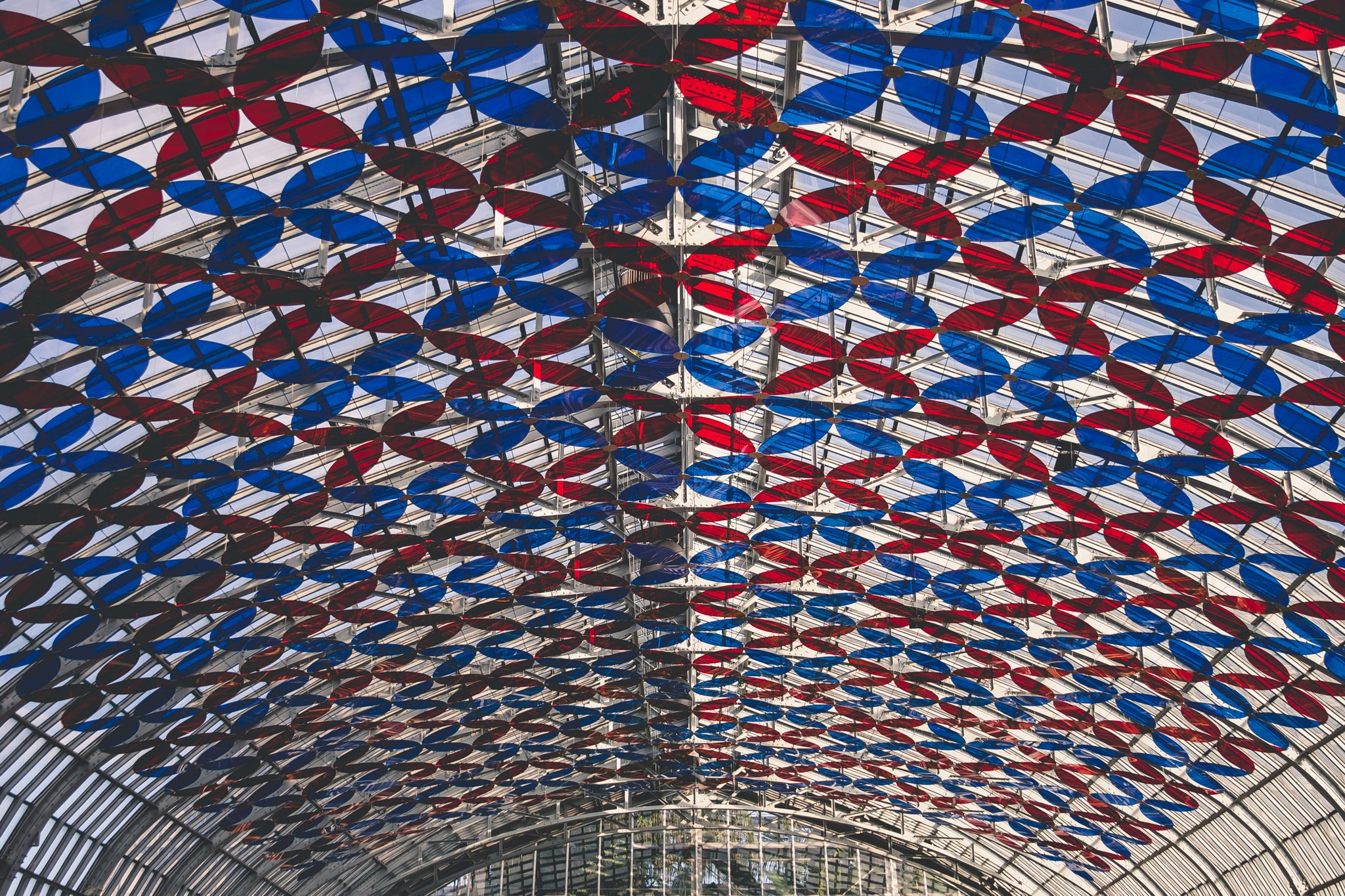 red and blue glass ceiling